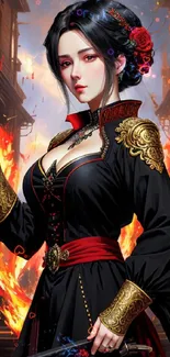 Anime warrior in black dress with fiery backdrop.