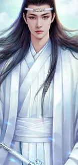 Elegant warrior in white with serene blue sky background.