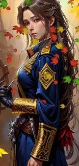 Elegant female warrior in blue with autumn leaves in a fantasy setting.