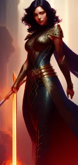 Warrior woman in fantasy armor with a glowing sword and mystical background.