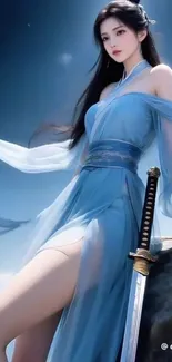 Elegant warrior woman in blue with sword on rocky cliff.