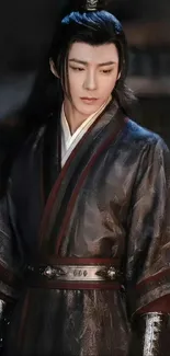 Traditional warrior in a dark robe showcasing elegance and historical style.