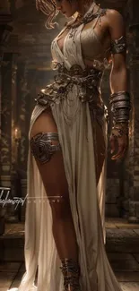 Fantasy warrior in ornate armor standing in a historical setting.