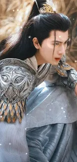 Elegant warrior in silver armor and flowing robes with nature backdrop.