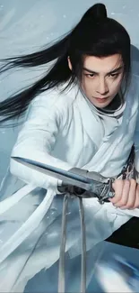 Warrior in white attire with sword in dynamic pose.