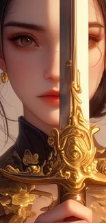 Anime warrior girl with golden sword in elegant design wallpaper.