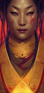 Elegant warrior portrait with gold accents and vibrant colors on a mobile wallpaper.