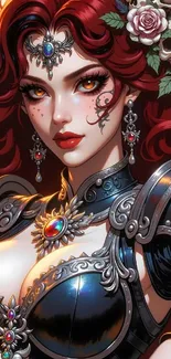Fantasy warrior princess with crimson hair and detailed armor.