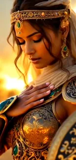 Elegant warrior princess with golden armor.