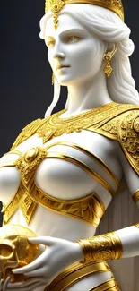 Elegant warrior queen statue with gold armor and crown.