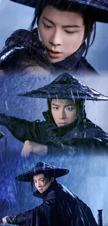 Warrior in rain with elegant hat in blue tones.