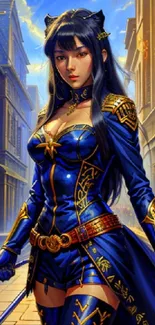 Stylish fantasy warrior in a blue outfit standing in a vibrant street scene.