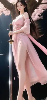 Elegant warrior with sword under cherry blossoms in anime style.