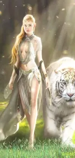 Ethereal warrior woman with white tiger in forest.