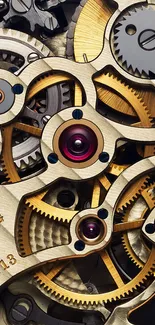 Intricate golden watch mechanism with visible gears.