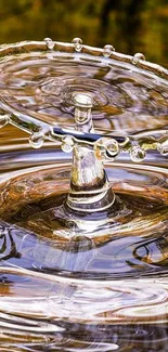 Intricate water droplet splash with golden ripples and reflections.