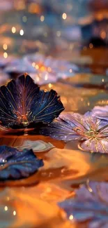 Water lilies glowing on a shimmering golden surface.