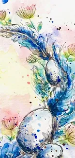 Watercolor floral wallpaper with blue feathers and flowers.