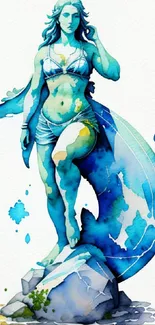 Watercolor goddess in a mythical oceanic design, elegant and artistic.