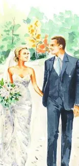 Watercolor wedding couple in garden with dog.