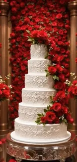 Six-tier white wedding cake with red roses.