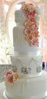 Elegant three-tier wedding cake with floral and pearl decorations.