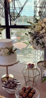 Elegant wedding cake display with floral decor.