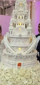 Elegant multi-tiered wedding cake with intricate designs.