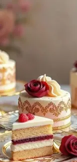 Elegant wedding cake with raspberry layers and floral accents on a gold platter.