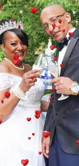 Wedding couple toasting with champagne outdoors.