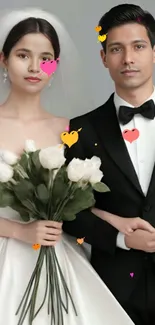 Elegant wedding couple in formal attire, bride holding bouquet.