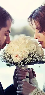 Elegant bride and groom with bouquet in romantic wedding pose.