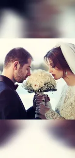 Elegant bride and groom sharing a tender wedding moment.