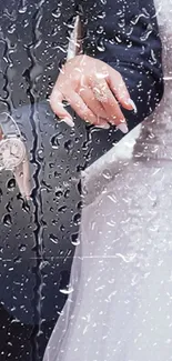 Wedding couple with bouquet in elegant attire.