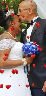 Elegant wedding couple sharing a kiss outdoors.