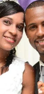 Elegant moment of a smiling couple on their wedding day with soft snow effect.