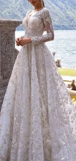 Elegant bride in detailed wedding gown by picturesque lakeside scenery.