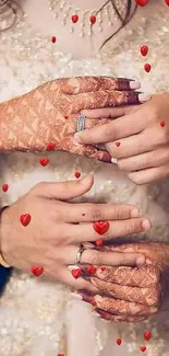 Elegant bridal henna design on couple's hands, symbolizing love.