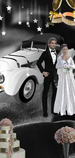 Elegant wedding wallpaper with purple satin, vintage car, and newlyweds.