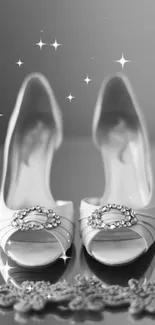 Elegant black and white bridal shoes on reflective surface.