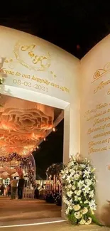 Elegant wedding entrance with floral decorations and warm lights.