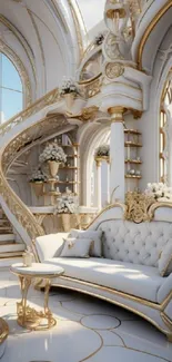 Luxurious interior with white and gold decor, featuring ornate designs and plush seating.