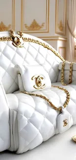 Elegant white sofa with gold chain accents in luxurious setting.