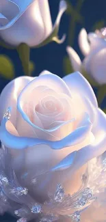 Elegant white roses with crystals glowing softly in light.