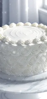 Elegant white cake with intricate frosting on a marble stand.