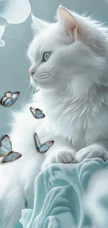 Elegant white cat with blue butterflies in serene wallpaper.