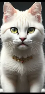 White cat with green eyes and a necklace on a dark background.