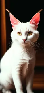 White cat with pink ears by a window, sitting elegantly.