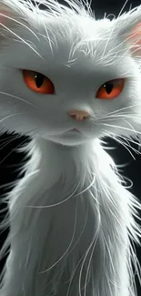 White cat with orange eyes on dark background.