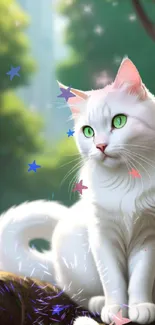 White cat with green eyes in a serene forest wallpaper.